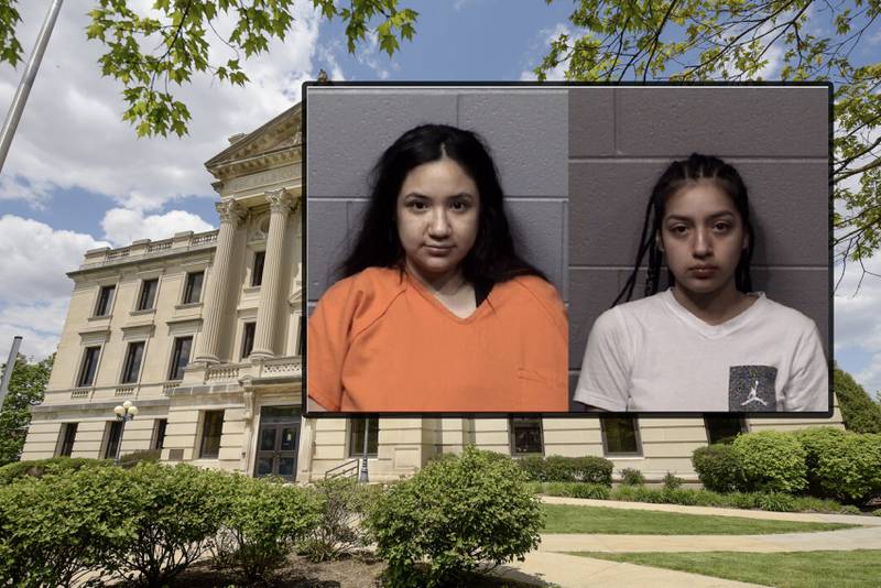 Lizbeth D. Arias, 25 (left), and Luisa A. Rodriguez (right), 20, both of the 800 block of Dawn Court, DeKalb, are charged with home invasion, attempted home invasion, mob action and aggravated battery. (Inset photos provided by DeKalb County Jail)