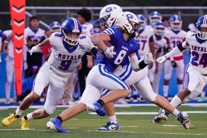 Geneva’s Finnegan Weppner (8) runs after the catch for a touchdown against Larkin during a football game at Geneva High School on Friday, Aug 30, 2024.