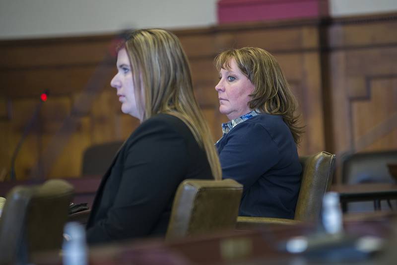 Jennifer Lawson (right) and attorney Kylee Miller argue the petitions submitted by Koppien for placement on the ballot were not properly bundled.