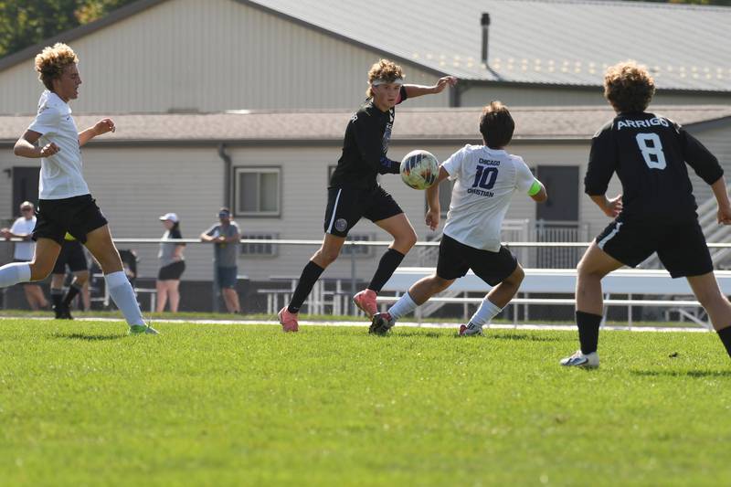 Manteno's Maddox Toepper sends a pass during the Panthers 2-1 loss in the Manteno Rivals Cup championship on Saturday, Sept. 27, 2025.