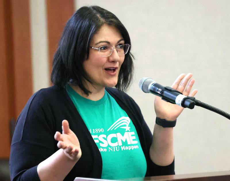Martha Villagomez, a senior library specialist at Northern Illinois University, talks about the difficulties of living on her current salary Thursday, June 12, 2025, during the NIU Board of Trustees meeting in Altgeld Hall at NIU in DeKalb. NIU clerical, professional and administrative workers represented by the American Federation of State, County and Municipal Employees Local 1890 are asking for higher wages when their contract expires at the end of the month.