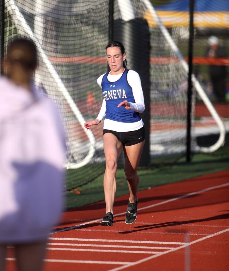 Geneva’s Reilly Day competes in the triple jump during the 2024 Kane County Girls Track and Field meet at St. Charles East on Thursday, April 25, 2024.