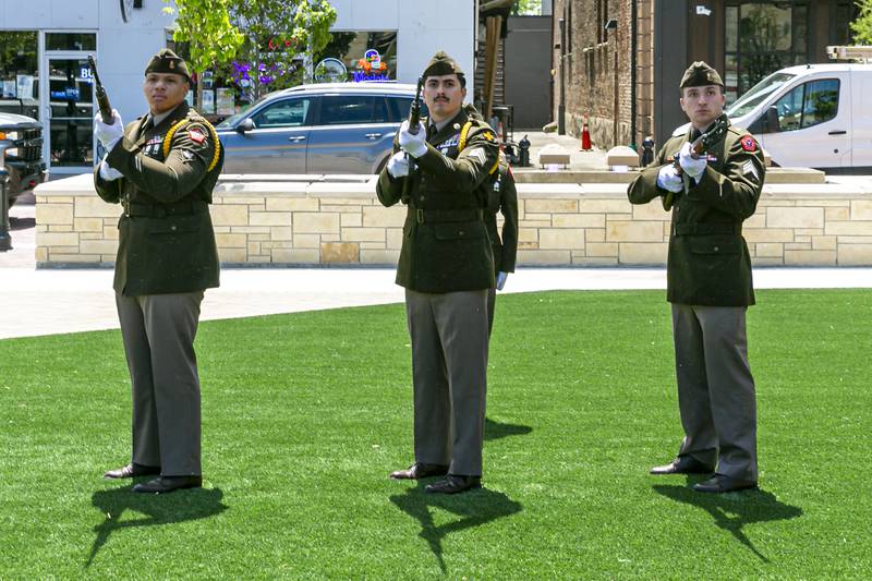 The 21 gun salute is given after the laying of the wreath during the Memorial Day Commemoration at Joliet City Square.  May 20, 2026 in Joliet.
