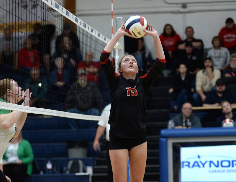 Erie-Prophetstown's Kaylee Keegan (15) sets the ball against Rock Falls during the championship of the 2A Sterling Newman Regional on Thursday, Oct. 31, 2024.