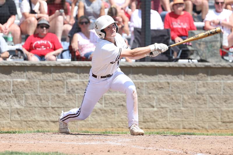 Joliet Catholic’s Lucas Simulick drives in a run against Spring Valley Hall in the Class 2A Geneseo Supersectional on Monday, May 29, 2023 in Geneseo.