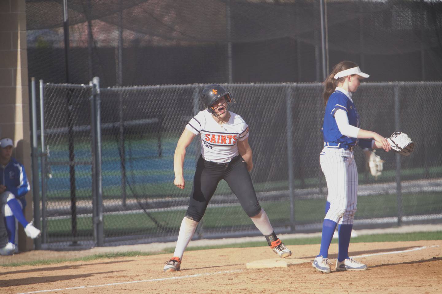 St. Charles East's Hayden Sujack celebrates hitting a triple against Wheaton North on Monday, April 21, 2025 In Wheaton.