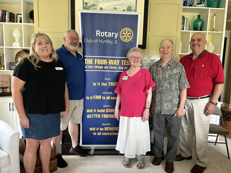 The Rotary Club of Huntley installed its board of directors June 29 at the home of Jim and Kathy Uszler. Pictured (L to R): Erin Walsh, James Drendel, Karen Hutchings, Jim Uszler and Donald Brewer