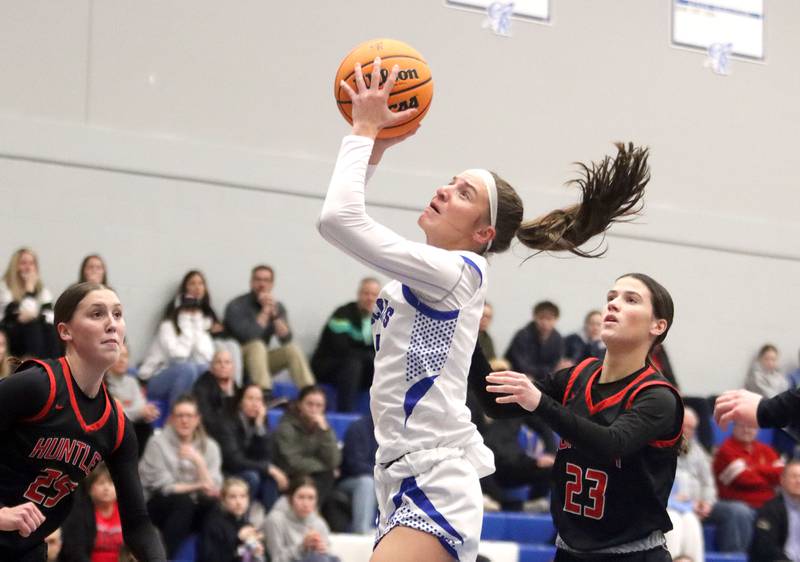 Burlington Central’s Julia Scheuer heads for the hoop against Huntley in varsity girls basketball on Monday, Feb. 9, 2026, at Central High School in Burlington.