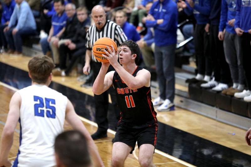 Wheaton Warrenville South's Zach Rogers shoots the ball during a Class 4A St. Charles East Sectional semifinal against Geneva on Wednesday, March 5, 2025 in St. Charles.