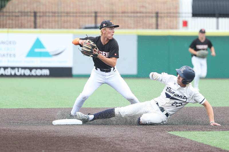 Crystal Lake Central’s James Dreher looks to complete the double play against Lemont in the IHSA Class 3A Championship game on Saturday June 8, 2024 Duly Health and Care Field in Joliet.
