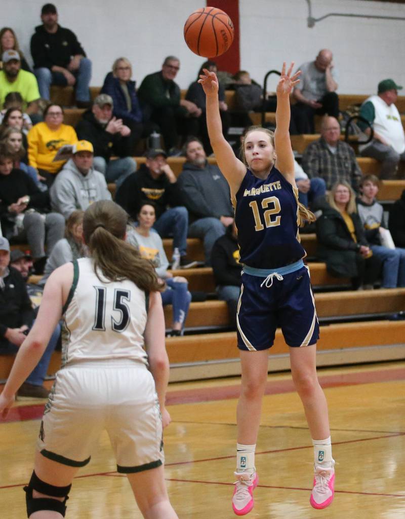 Marquette's Lilly Craig shoots a jump shot over Midland's Madison Price during the Tri-County Conference Tournament third-place game on Thursday, Jan. 18, 2024 at Henry-Senachwine High School.