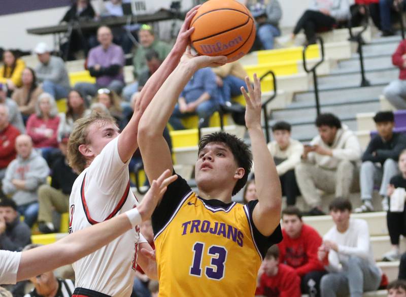 Hall's Hunter Edgcomb blocks Mendota's Oliver Munoz shot on Tuesday, Feb. 3, 2026 at Mendota High School.