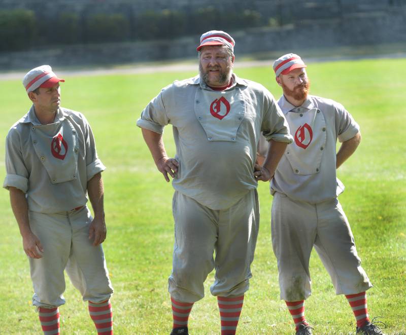 Oregon Ganymedes Mike Benesh, Ryan Mortlock, and Tim Brinkmeier wait for post season comments after falling to the Lah-De-Dahs ending their day at the World Tournament of Historic Base Ball held at the Henry Ford Museum's Greenfield Village on Sunday. Aug. 10, 2025.