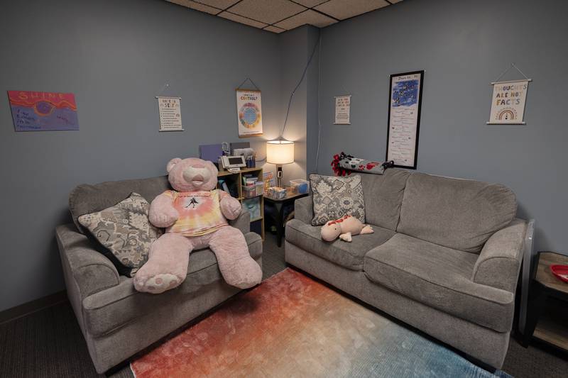 A comforting therapy room area is seen Wednesday, July 23, 2025, at Shining Star Advocacy Center. The room is sound proofed for privacy.