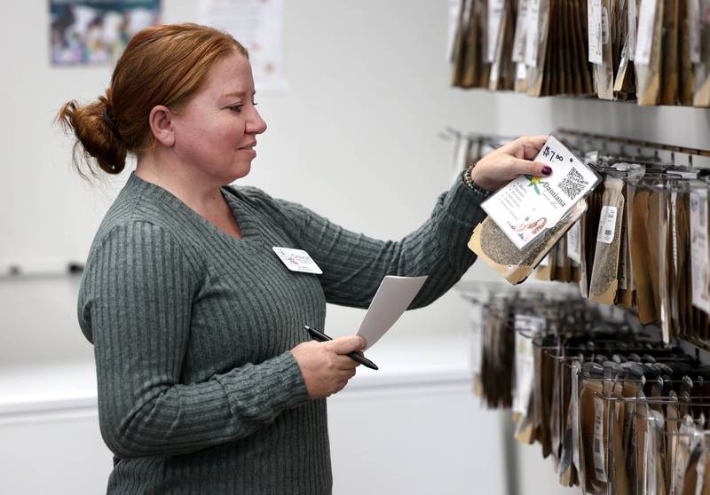 Dezaraé Haley, a U.S. Army veteran and owner of The Herbal Oracle in DeKalb, checks her inventory Thursday, Oct. 10, 2024, at her shop in downtown DeKalb. Haley talked Thursday about her experiences in the service and how her natural holistic living lifestyle has made her family happier and healthier.