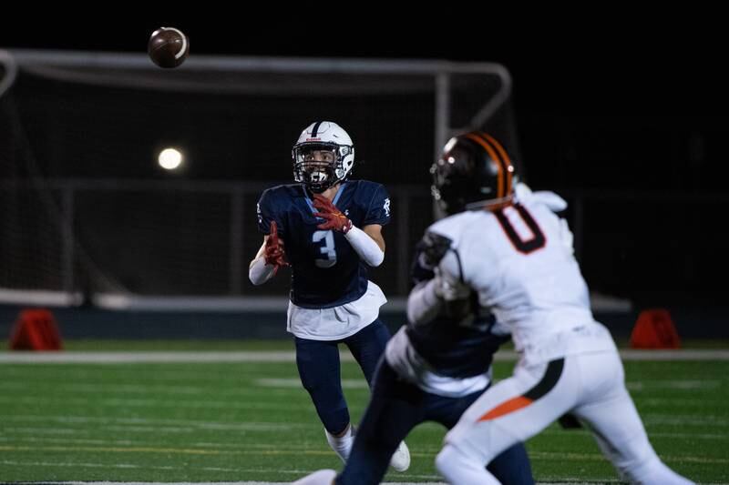 Plainfield South's Caden Pierceall catches a pass during a game against Dekalb Friday Sept. 6, 2024 at Plainfield South High School in Plainfield