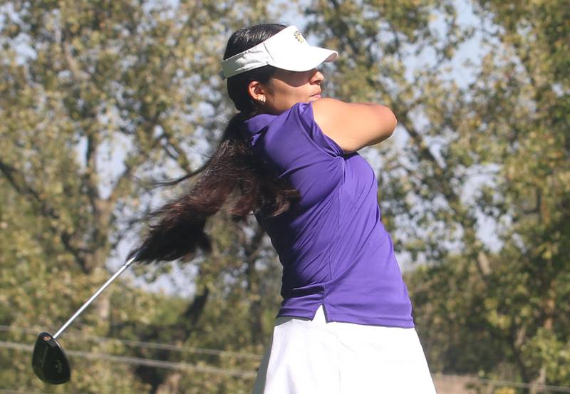 Mendota's Lupita Sandoval tees off during the Class 1A Regionals on Tuesday, Sept. 30, 2025 at Spring Creek Golf Course in Spring Valley.
