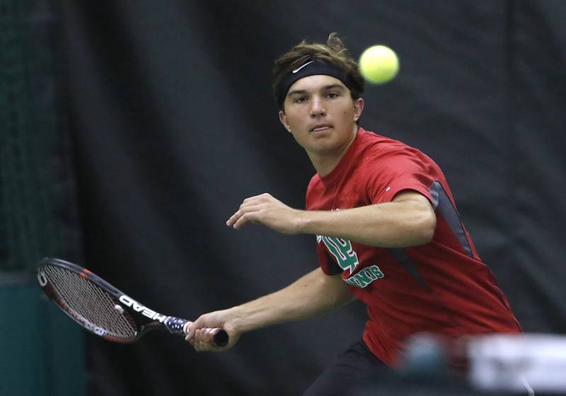 LaSalle’s Joe Pohar returns the ball during a IHSA 1A boys double tennis match Thursday, May 26, 2022, at Midtown Athletic Club in Palatine.