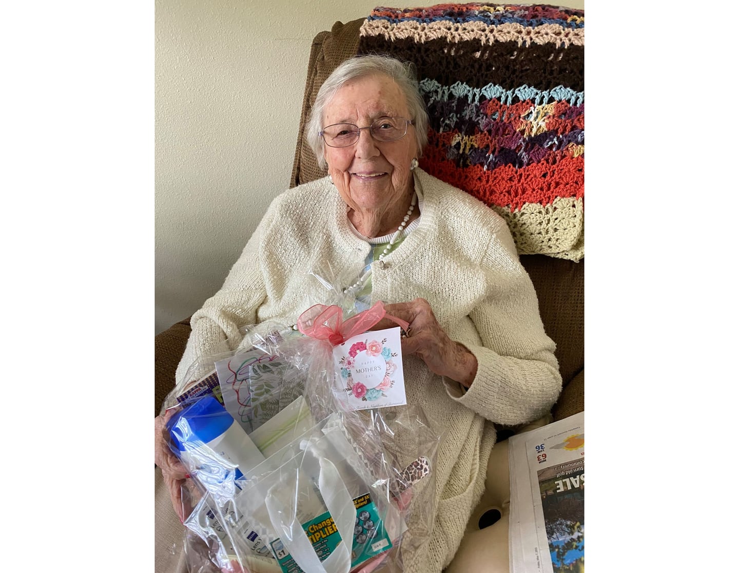 Helen Minnick was one of 90 women at The Timbers of Shorewood who received a gift basket on Mother's Day from Tami Wadas of Shorewood.