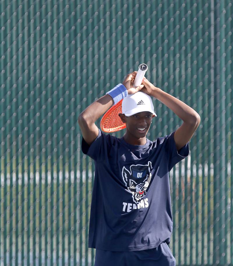 Oswego East’s Pranav Kannan reacts to how he is playing as he competes in the Class 2A Boys State Tennis Tournament on Thursday, May 23, 2024, at Hersey High School in Arlington Heights.