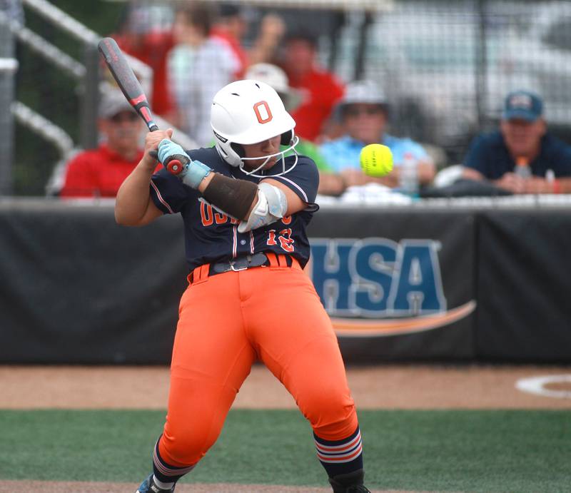 Oswego's Kiyah Chavez ducks away from a pitch during a IHSA Class 4A state semifinal game against Oak Park-River Forest on Friday, June 13, 2025 at the Louisville Slugger Sports Complex in Peoria.