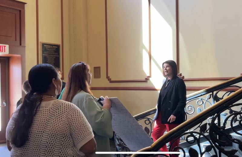 After waiting to see NIU President Lisa Freeman for about 40 minutes, the president of AFSCME Local 1890, Rave Meyer, was able to briefly speak with the university's top official on Sept. 16, 2025, about ongoing contract negotiations.
