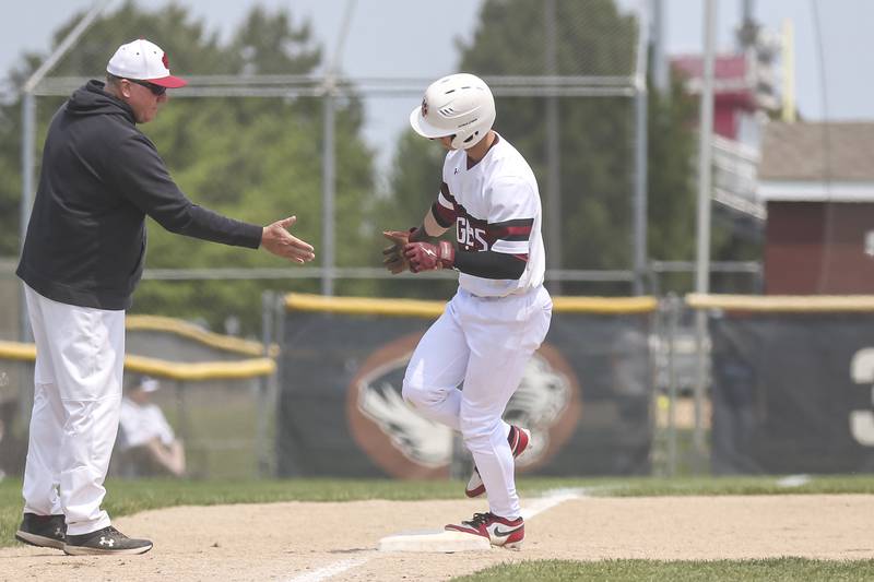 Plainfield North's Johnny Andretch (2) round third after hitting a game tying homerun during Class 4A Plainfield North Regional final baseball game between Oswego at Plainfield North. Saturday, May 31, 2025 in Plainfield.