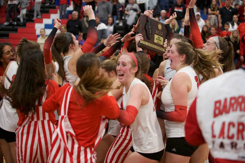 Barrington celebrates the Win over Huntley at the Class 4A Super Sectional Final on Friday, Nov. 4,2022 in Dundee.