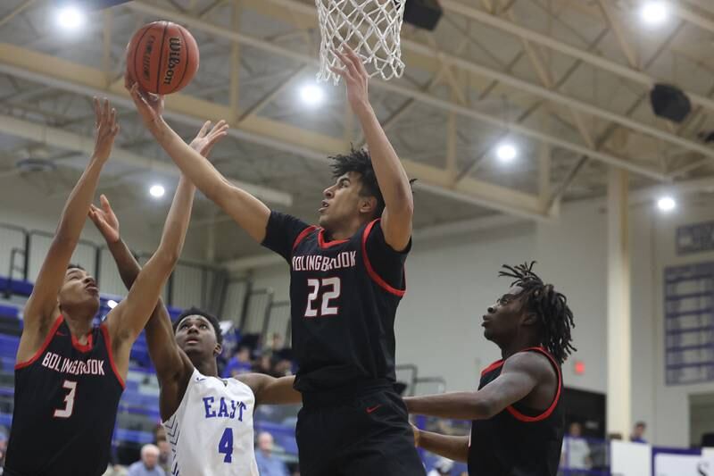 Bolingbrook’s JT Pettigrew pulls in the rebound against Lincoln-Way East on Tuesday, Dec.12th, 2023 in Frankfort.