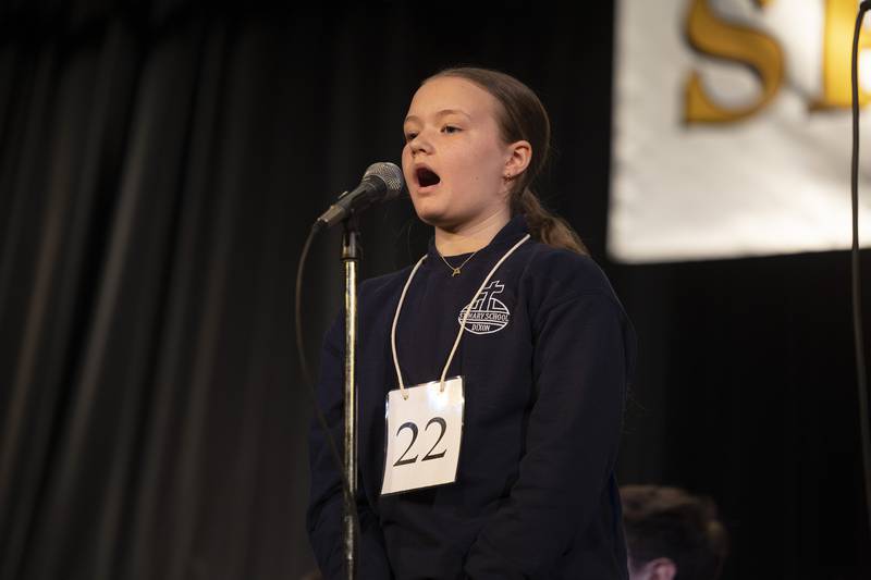 Avery Storey of Dixon St. Mary’s competes Thursday, Feb. 19, 2026, during the Lee-Ogle-Whiteside County Regional Spelling Bee. Storey went out in round 2 on the word eclipse.