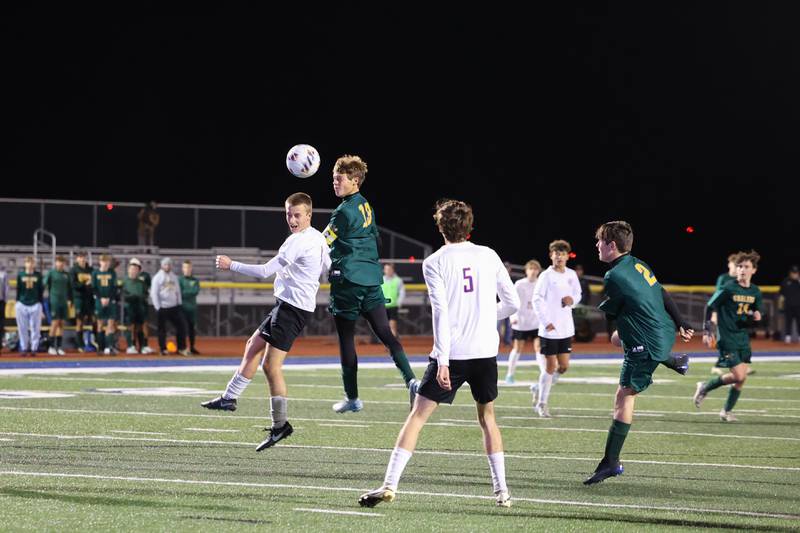 Coal City’s Dane Noffsinger connects for a header during the Coalers' 1-0 victory over Williamsville in the IHSA Class 1A Maroa-Forsyth Super-Sectional on Monday, Nov. 3, 2025.