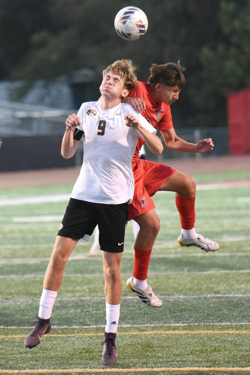 Herscher's Rowan Keigher, left, and Bradley-Bourbonnais' Guadalupe Valadez battle for a header during a game at Bradley-Bourbonnais Thursday, Sept. 11, 2025.