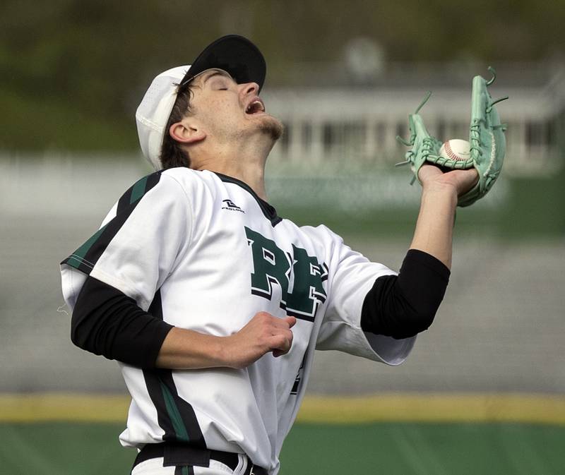 Rock Falls’ Ethan Moeller snags a pop-up in foul territory against North Boone Tuesday, April 28, 2026.