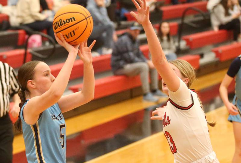 Marquette's Chloe Larson looks to pass the ball around Hall's Leah Pelka on Thursday, Feb. 13, 2025 at Hall High School.