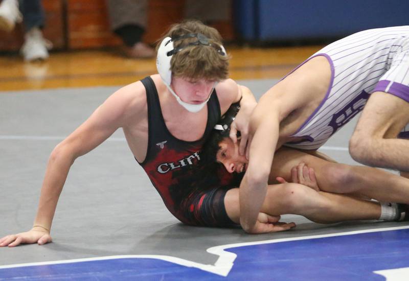 Amboy's Aden Spinelli wrestels Dixon's Riley Paredes during the Class 1A Regional meet on Saturday, Jan. 31, 2026 at Princeton High School.