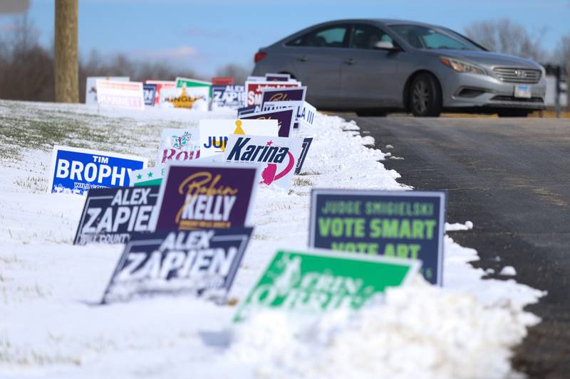 Campaign signs line the driveway into the Lockport Township building on Tuesday, March 17, 2026 in Lockport.