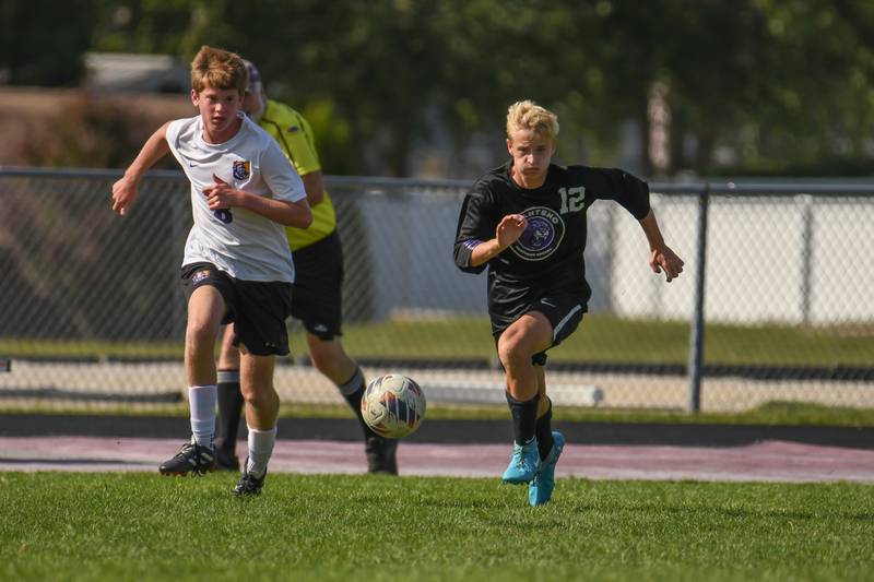 Manteno's Brady Ruff fights for possession during the Panthers 2-1 loss in the Manteno Rivals Cup championship on Saturday, Sept. 27, 2025