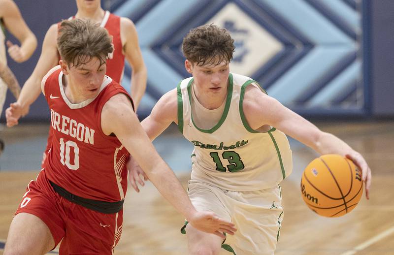 Rock Falls’ Ryken Howard works against Oregon’s Keaton Salsbury Wednesday, Feb. 26, 2025, at the Class 2A Regional semifinal at Bureau Valley High School.