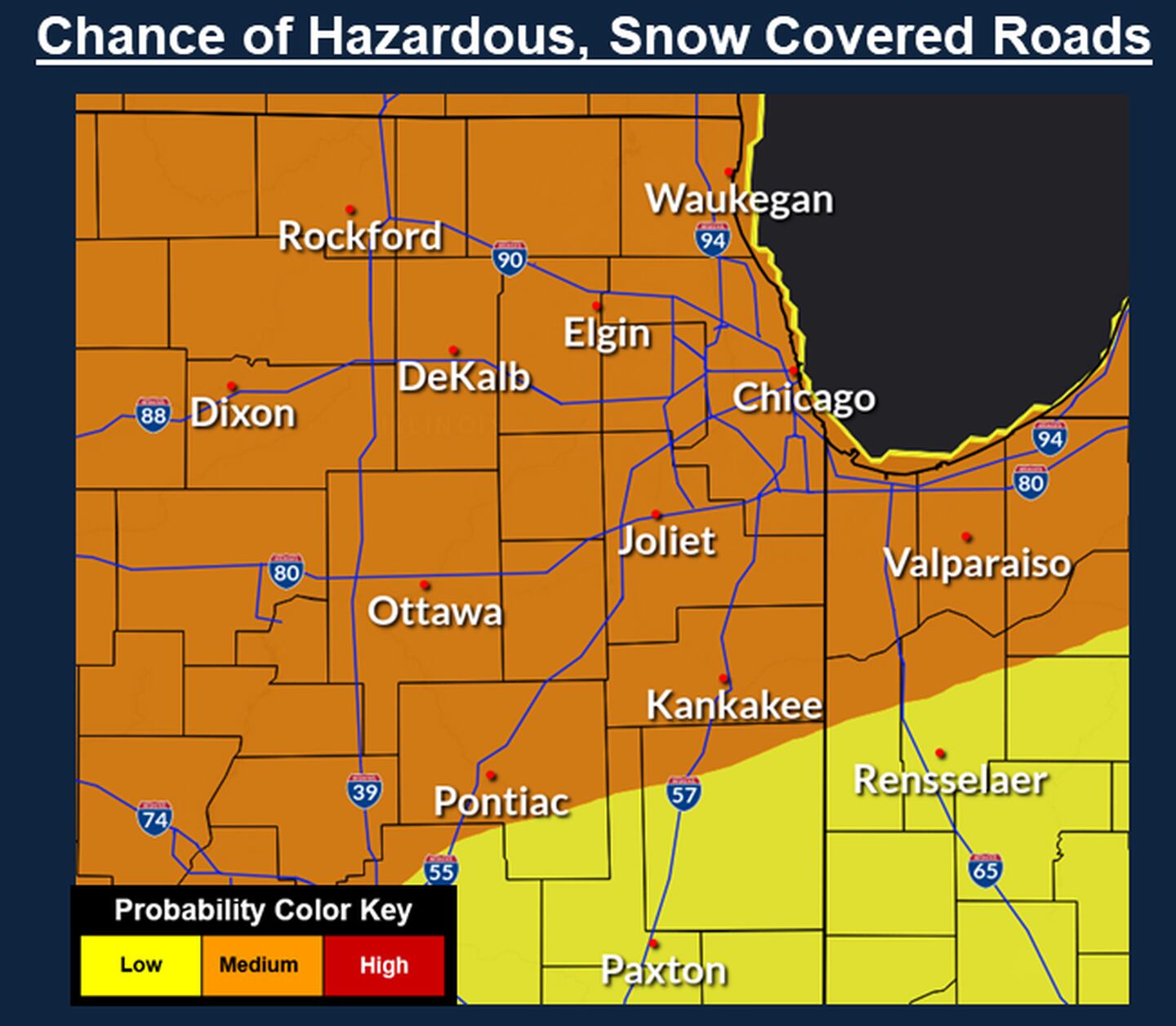 The National Weather Service issued a map showing areas where a New Year's weekend storm could affect travel across northern Illinois.