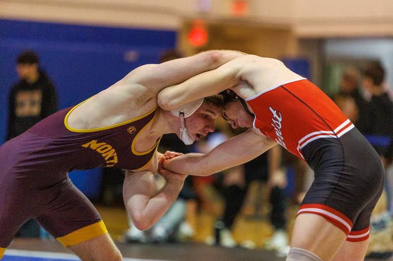 Montini's AJ Tack and Marist's Ronin Haran competes in the 190 lb match  at the Marmion Class  2A Dual Team Sectional on Thursday, Feb. 5,2026 in Aurora.