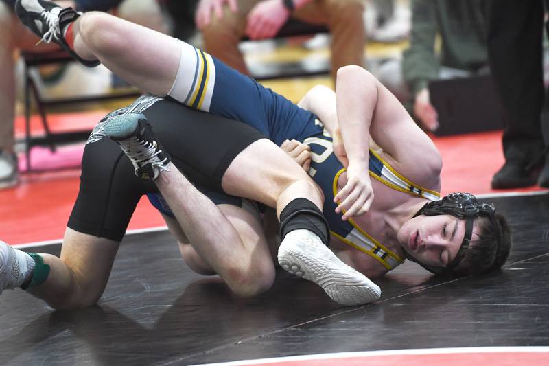 Polo's Gabe Morris wrestlies Galena's Connor Higgins in their 126-pound consolation final match at the 1A Stillman Valley Sectional on Saturday, Jan. 31, 2026 at Stillman Valley High School.