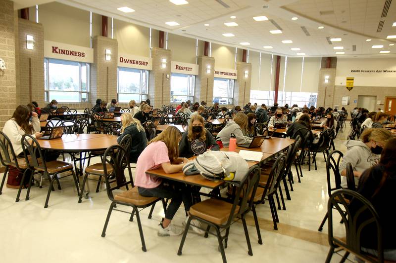 Students at Kaneland Harter Middle School in Sugar Grove work during a study hall period. The school began in-person learning five days a week April 5.