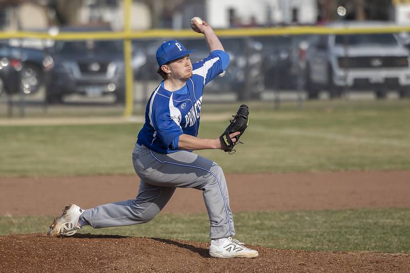 Princeton’s Tyler Forrestall fires a pitch against Rock Falls Thursday, March 27, 2025.