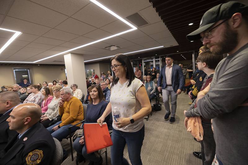Diana Merdian walks up to be sworn in as the new Sterling mayor Monday, May 1, 2023. Outgoing mayor Skip Lee missed Monday’s meeting due to an illness.