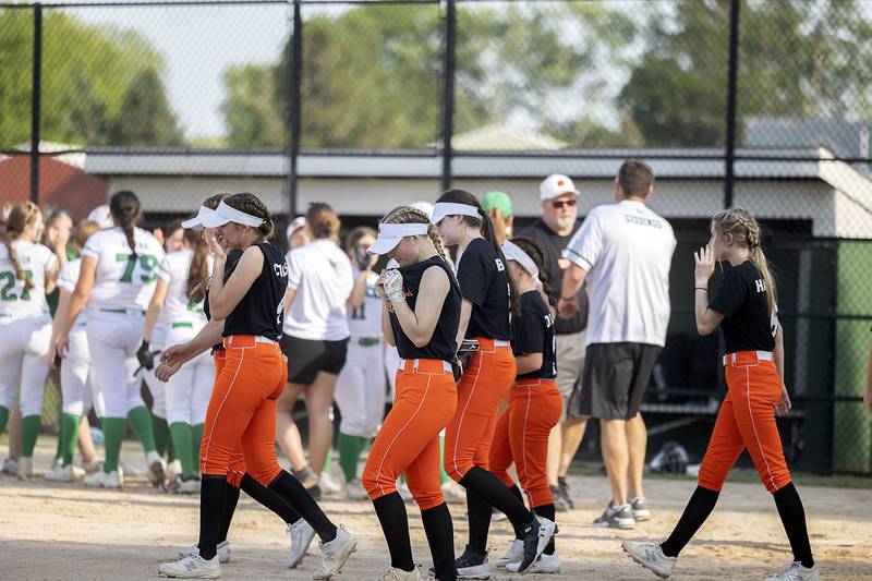 The Byron softball team leaves the field after falling to Rock Falls in the regional semifinal 17-2 Tuesday, May 16, 2023.
