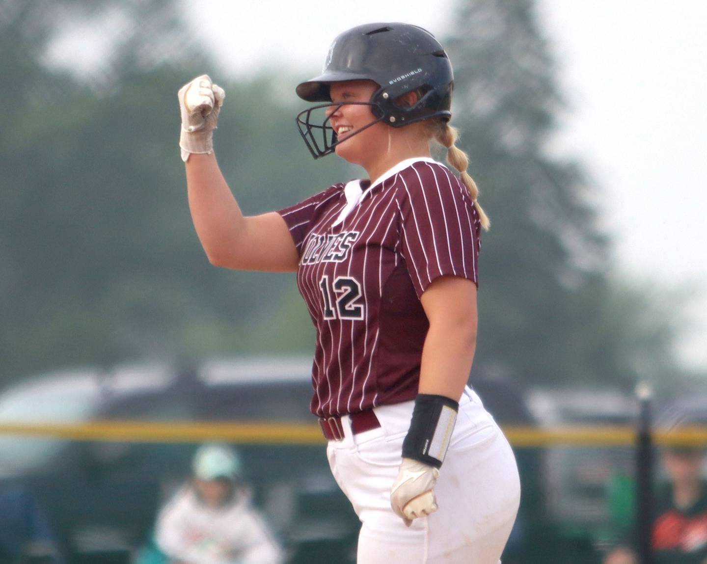 Prairie Ridge’s Bella Moore celebrates arriving safely at second base against Belvidere North in IHSA Class 3A Sectional Semifinal softball action at Sycamore High School in Sycamore on Thursday, June 5, 2025.