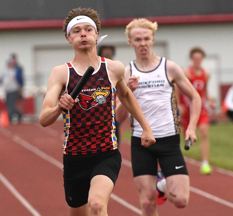 Forreston-Polo's Brody Schwartz crosses the finish line first as the anchor in the 4x200 relay at the 1A Oregon Sectional on Friday, May 22, 2026.