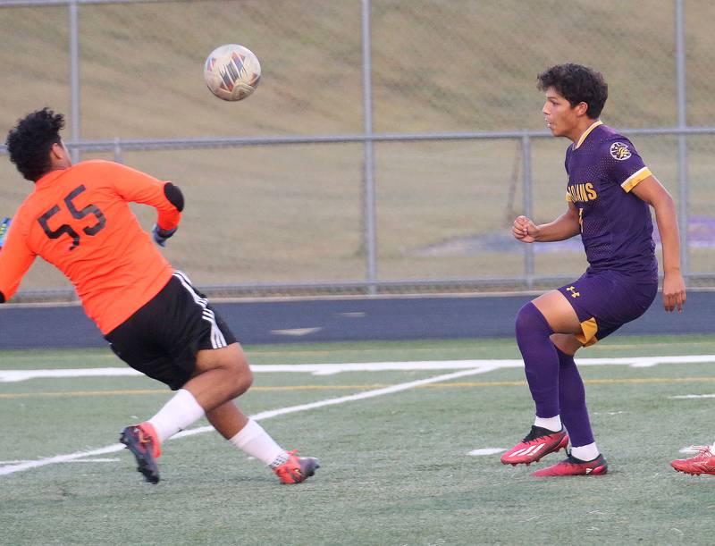 Mendota's Isaac Diaz kicks the ball past the Kewanee keeper during the Three Rivers Tournament on Thursday, Oct. 2, 2025 at Mendota High School.