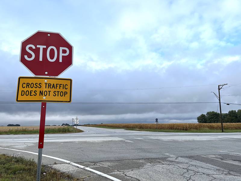A stop sign at the intersection of South Center Road and Wilmington-Peotone Road seen on Tuesday, Sept. 24, 2024, in Will County.