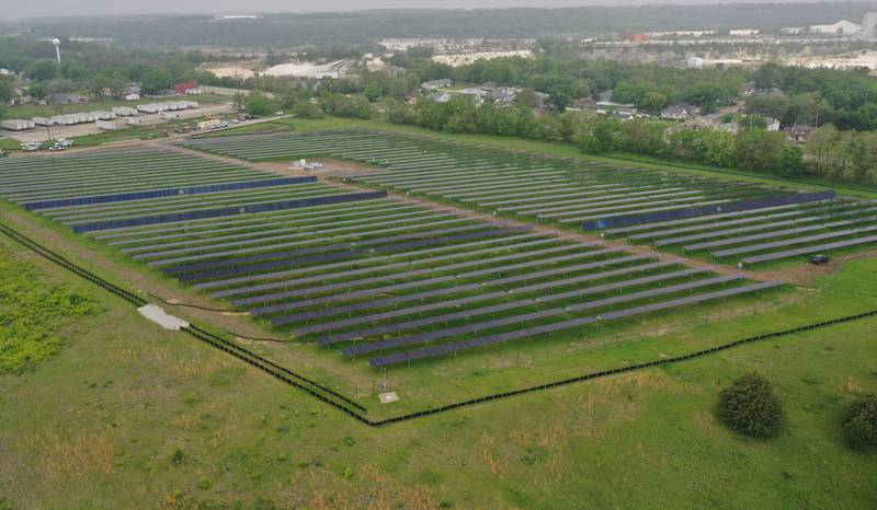 An aerial view of a solar farm located near the intersection of Vine Street and Ottawa Avenue on Wednesday, May 14, 2025 between Naplate and Ottawa.
